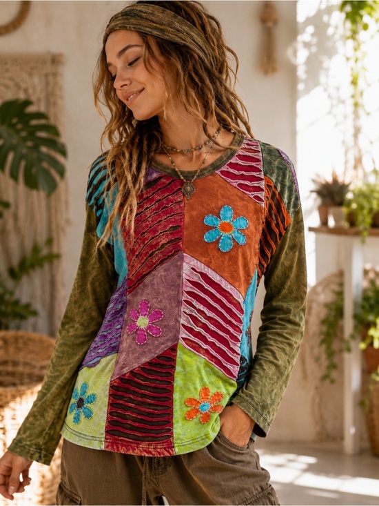 Tops - Boho Patchwork Floral Long Sleeve Top Size Large 100% Cotton Hippie Festival